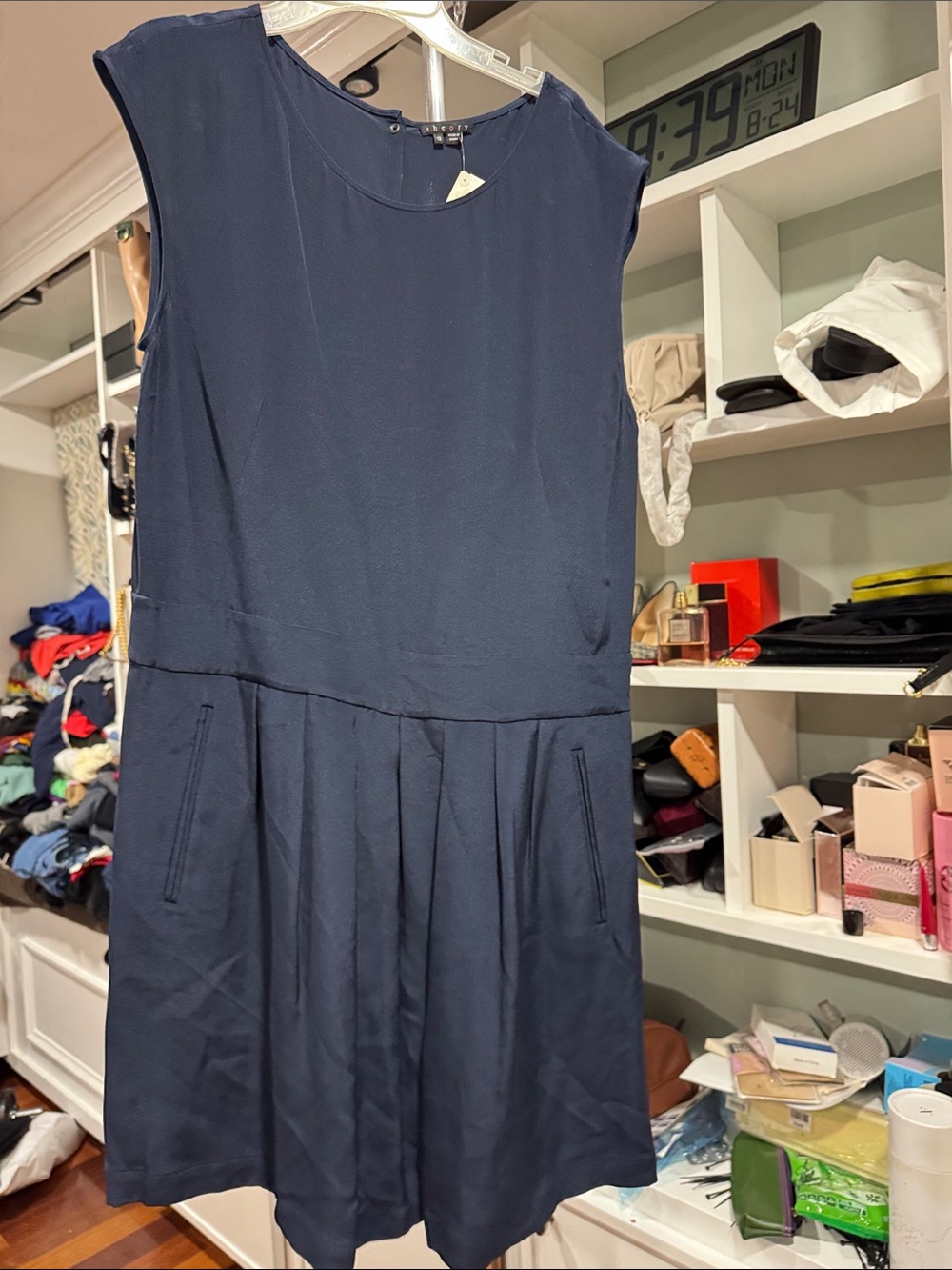 Theory Navy Sleeveless Pleated Waist Mini Dress